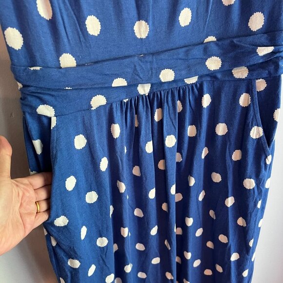 Bardot Margot Polka Dot Scoop Neck Dress 8L Blue White Ruched Waist - Picture 2 of 11